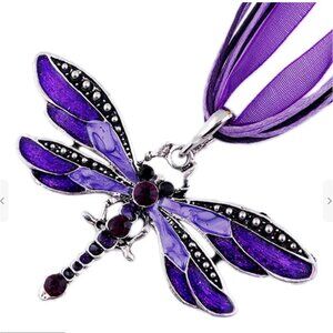 Dragonfly Pendant Necklace With Purple Ribbon Silver Alloy & Crystal Accents
